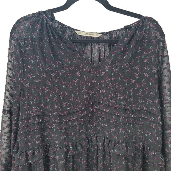Zara Black Swiss Dot Mini Dress Womens Floral Large Ruffled Long Sleeve Witchy - Picture 4 of 12